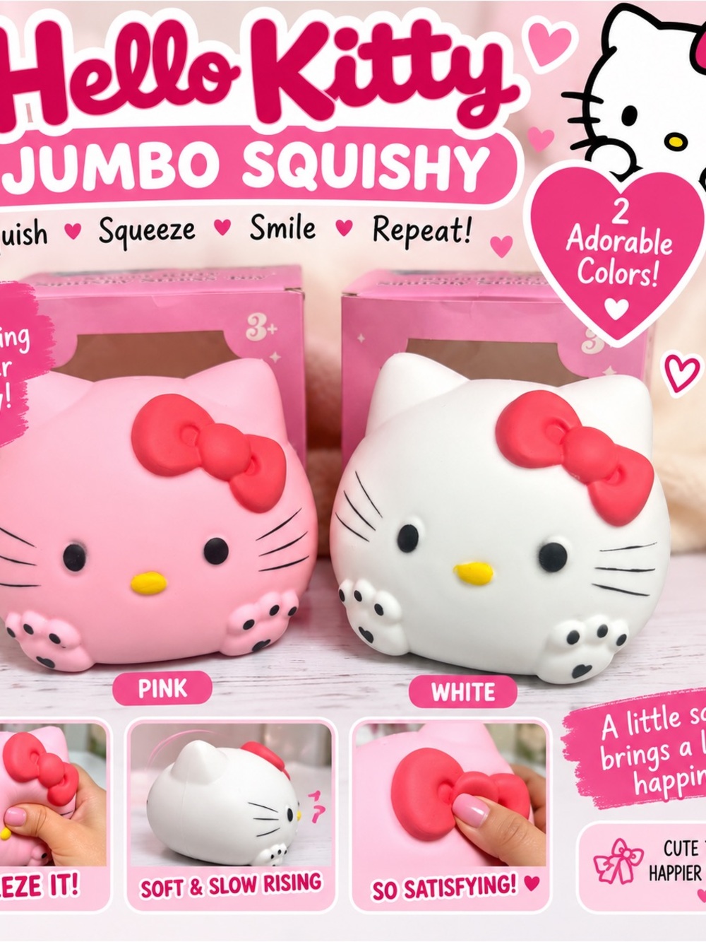 Hello Kitty Jumbo Squishy Plush Toy - Pink & White. set of 2